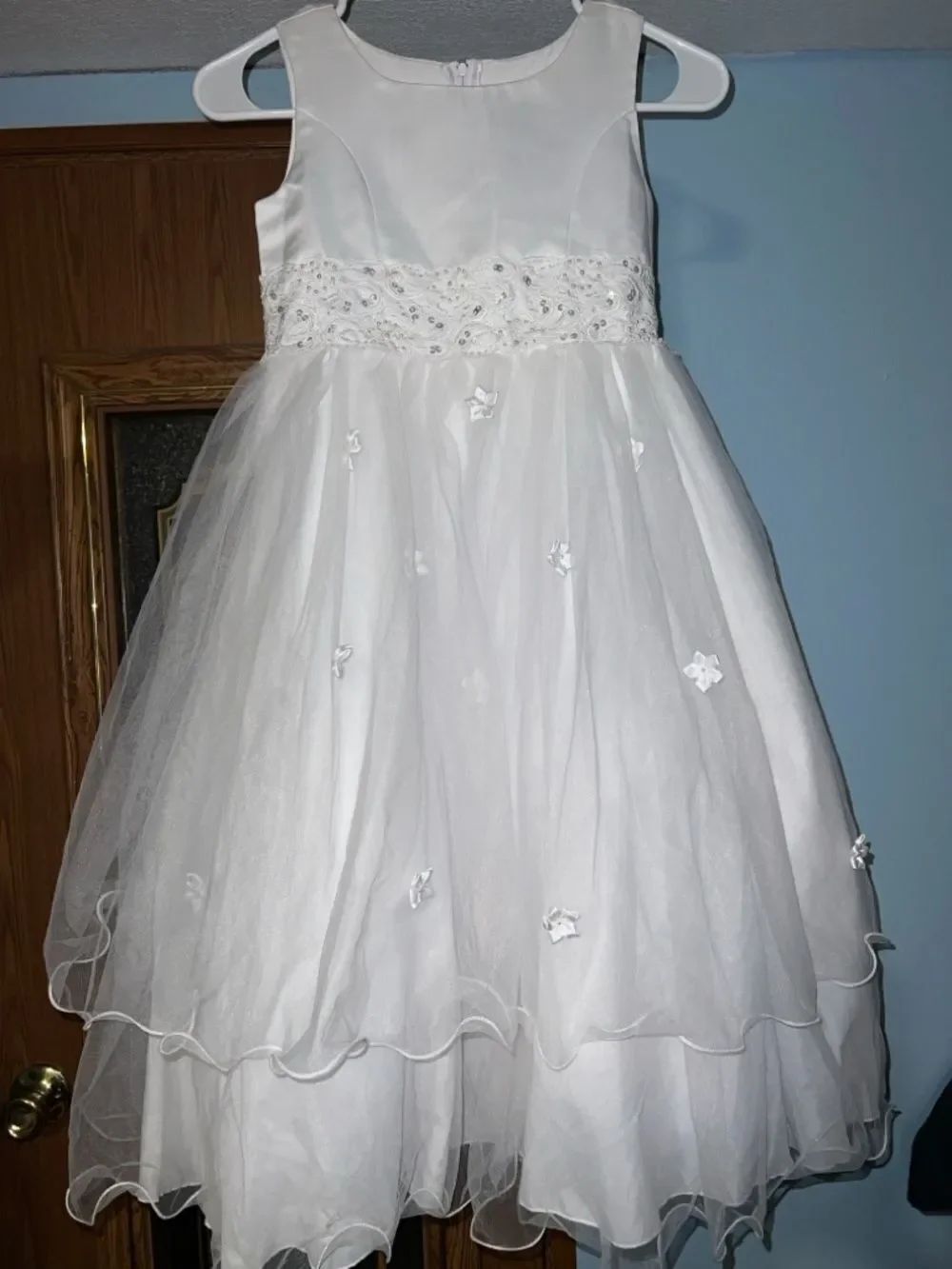 Girls' White Floral Waistband Tulle Party Dress